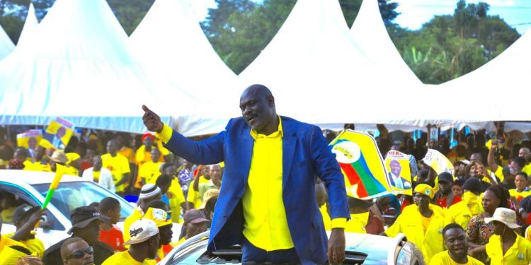 Nsereko arrives for his campaign rally in Nakaseke South.