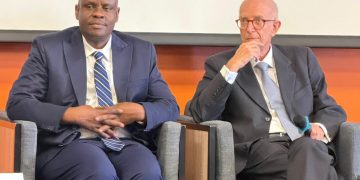 Minister Balaam Barugahara Ateenyi with Italy’s Ambassador to Uganda, Mauro Massoni, during the closing of the Lab Innova for Africa training program in Kampala.