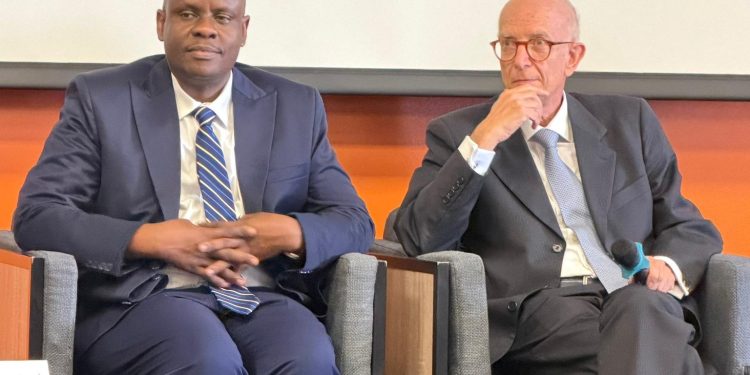 Minister Balaam Barugahara Ateenyi with Italy’s Ambassador to Uganda, Mauro Massoni, during the closing of the Lab Innova for Africa training program in Kampala.