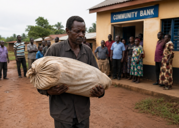 AI-generated image of a man carrying a bundled load outside a rural bank