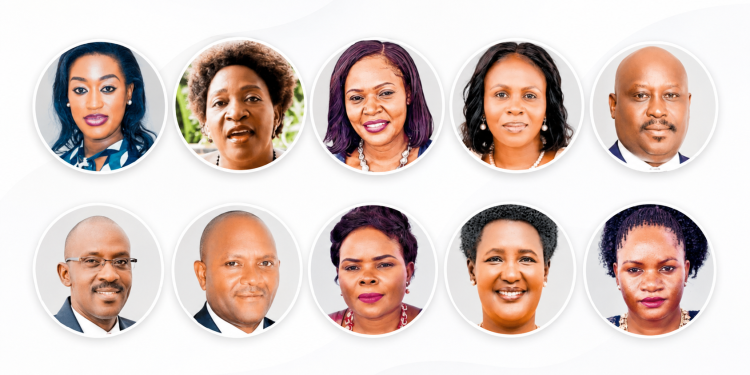 Top row (L–R): Justine Namere (Masaka City Woman MP), Rose Nabulowa, Joan Namutaawe (Masaka District Woman MP), Joanita Nalule, and Godfrey Aine Kaguta (Sodo/Mawogola North MP). Bottom row (L–R): John Jet Tumwebaze, Oswald Dee Byuma (Mawogola South MP), Gorreth Namugga, Ruth Katushabe (Bukomansimbi District Woman MP), and Veronika Nanyondo.